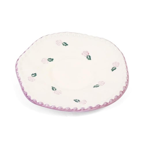 كوب سيراميك مع صحن بمسكة برسمة ورود لون أبيض