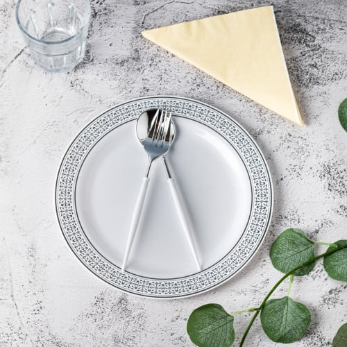 مجموعة (3) صحن بلاستيك أبيض فاخر بأطراف فضية| 25سم