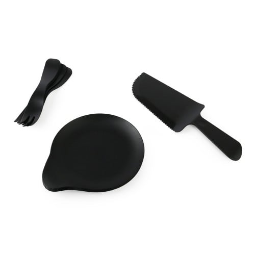 طقم بلاستيك (صحون+ قطاعة+ شوك) لون أسود