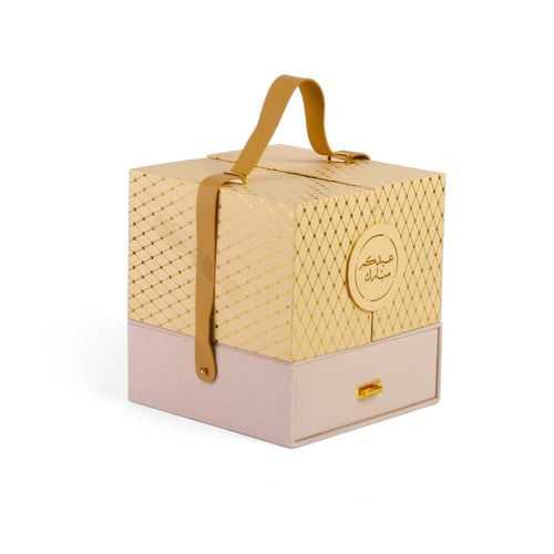 صندوق هدايا مخمل بيج مع درج سفلي وشريطة + عبارة "...