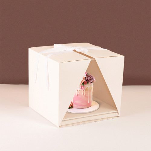 صندوق الكيك الفاخر بلون أبيض ونوافذ شفافة مع شريطة...