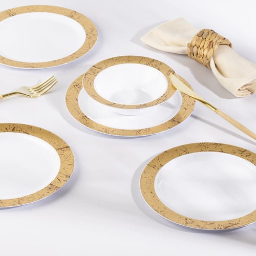 مجموعة (6) صحن بلاستيك أبيض بأطراف ذهبية رخامية |...