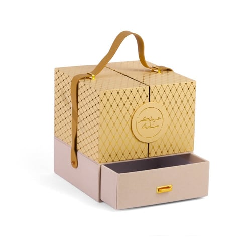 صندوق هدايا مخمل بيج مع درج سفلي وشريطة + عبارة "...