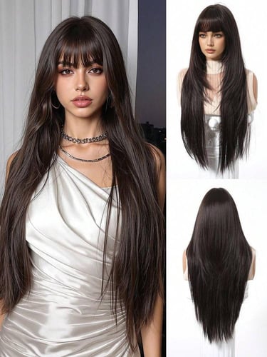 باروكة أسود طبيعي بغرة ناعم 28 إنش