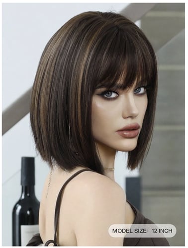 باروكة بني مخصل بغرة ناعم 12 إنش