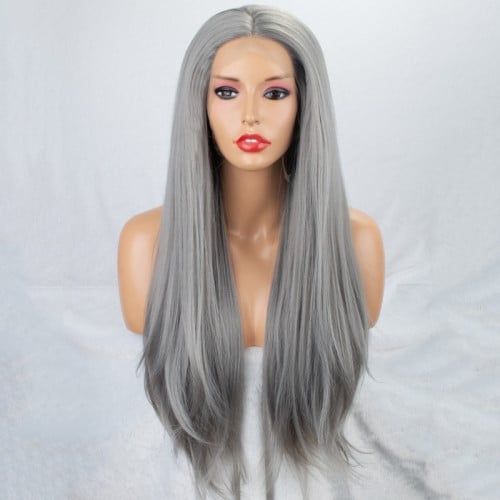 باروكة شعر رمادي جذور أمامية ناعم