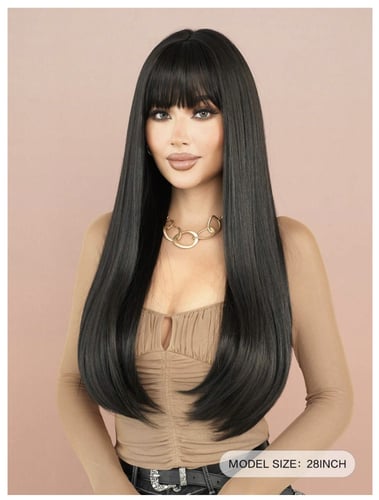 باروكة أسود ناعم مع غرة طول 28 إنش