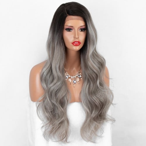 باروكة شعر رمادي أومبري جذور أمامية مموج