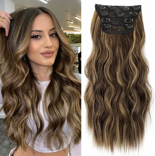 وصلة شعر صناعية طويلة ومموجة 4 قطع بلون الشوكولاتة...