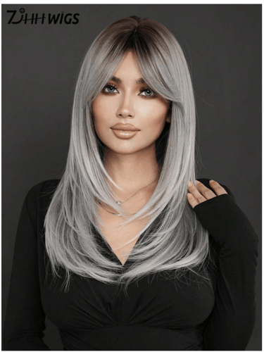 باروكة رمادي بغرة ناعم 24 إنش