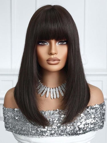 باروكة أسود طبيعي بغرة ناعم 16 إنش