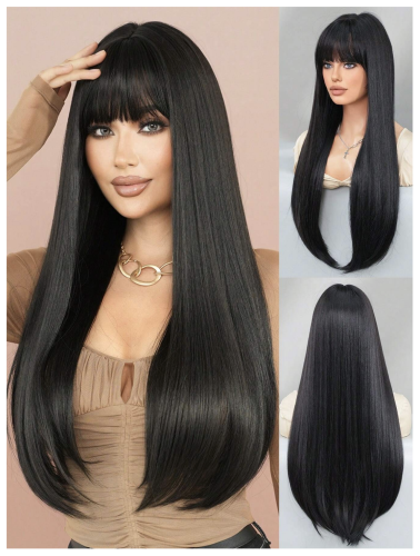 باروكة أسود ناعم مع غرة طول 28 إنش