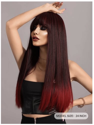 باروكة أومبري برغندي نسائية مع غرة طول 24 إنش / 62...