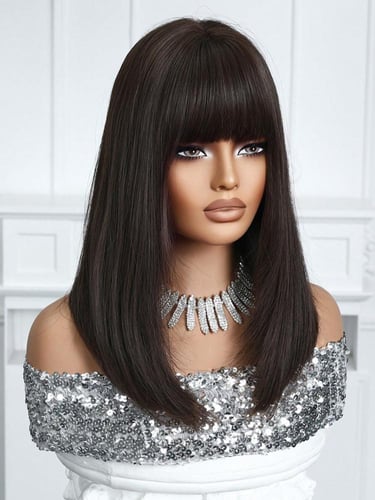 باروكة أسود طبيعي بغرة ناعم 16 إنش