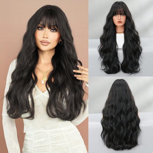 باروكة أسود بغرة مموج 28 إنش