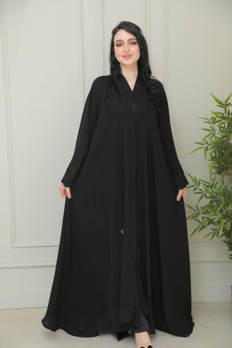 عباية كلوش إنترنت كوري بتطريز وريدات أسود فاخرة وم...