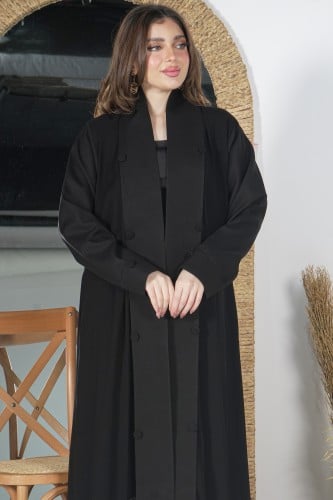 عباية كتان ياقة أنيقة مع أكمام زرار بتصميم فرنسي ر...