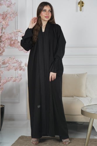 عباية صالونه سوداء بياقة وأكمام كتان بحياكة أوفر أ...