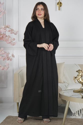 عباية صالونه سوداء بياقة وأكمام كتان بحياكة أوفر أ...