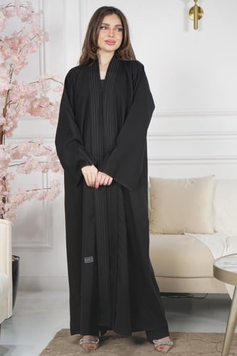 عباية صالونه سوداء بياقة وأكمام كتان بحياكة أوفر أ...