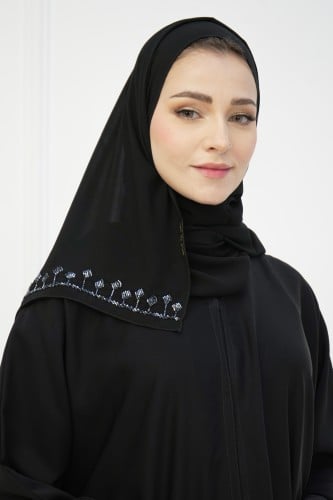 طرحة سوداء مطرزة بكريستال فضي فاخرة وأنيقة