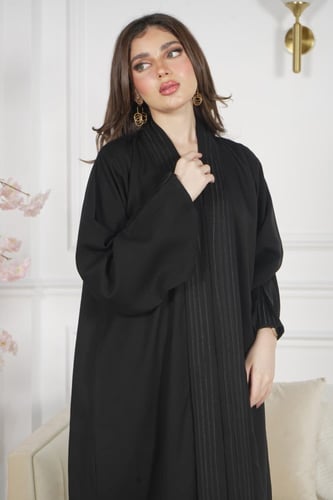 عباية صالونه سوداء بياقة وأكمام كتان بحياكة أوفر أ...