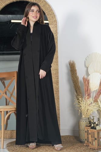 عباية كتان ياقة أنيقة مع أكمام زرار بتصميم فرنسي ر...