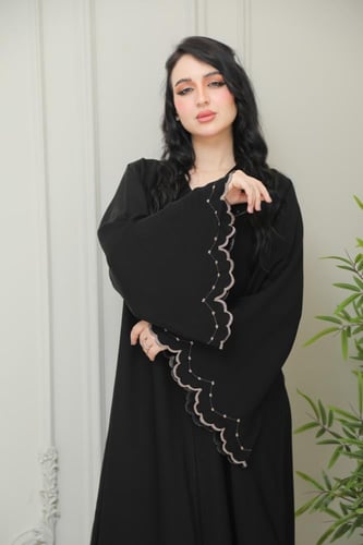 عباية إنترنت كوري بتطريز كم مع مخرم رصاصي أنيقة ور...