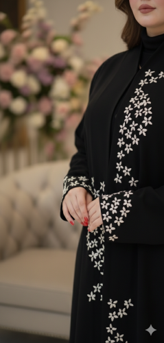 LW Abaya – front and sleeve ورد دردوز بيج