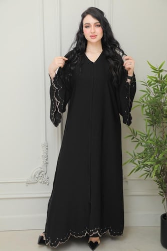 عباية إنترنت كوري بتطريز كم مع مخرم رصاصي أنيقة ور...