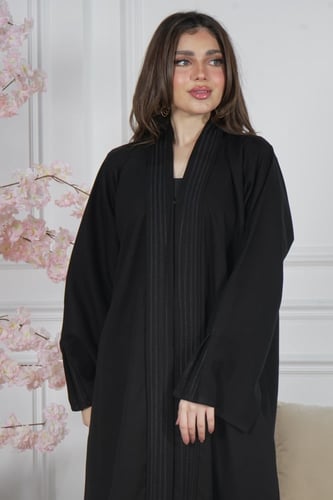 عباية صالونه سوداء بياقة وأكمام كتان بحياكة أوفر أ...