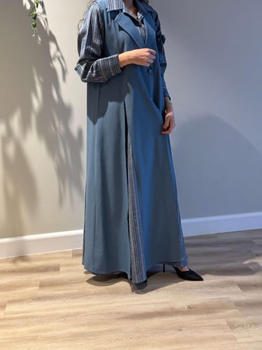 A M 0103 عباية قطعتين كريب اندونيسي أزرق مع فستان...