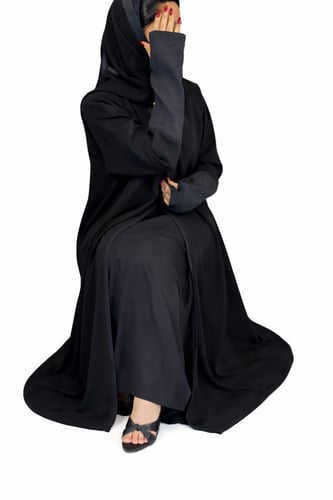 0124 عباية كريب ملكي أسود الأكمام قماش لامع مع طرح...