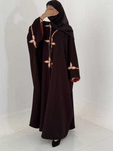 M 086 عباية مناسبات بني غامق كريب أندونيسي بتطريز...
