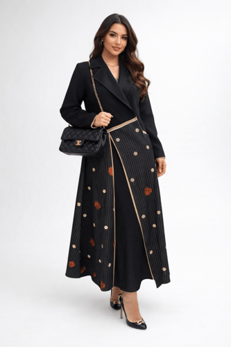 0126 عباية كريب ملكي مع كريب مقلم بتطريز خاص وطرحة