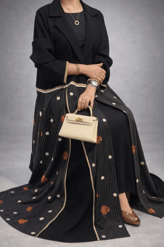 0126 عباية كريب ملكي مع كريب مقلم بتطريز خاص وطرحة