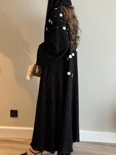 A 098 عباية كريب مع شيفون أسود مزينه بالكريستال وا...