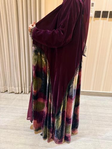 0122عباية نص كلوش مخمل كوري بنفسجي مع مخمل طباعة م...