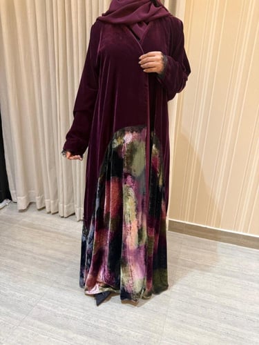 0122عباية نص كلوش مخمل كوري بنفسجي مع مخمل طباعة م...