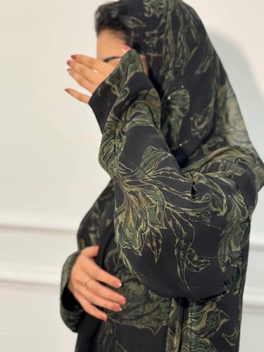 A M 0108عباية شيفون زيتي مبطن شيفون أسود