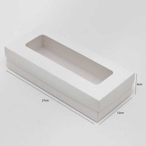 علبة ورقية بيضاء بغطاء منفصل ونافذة شفافة