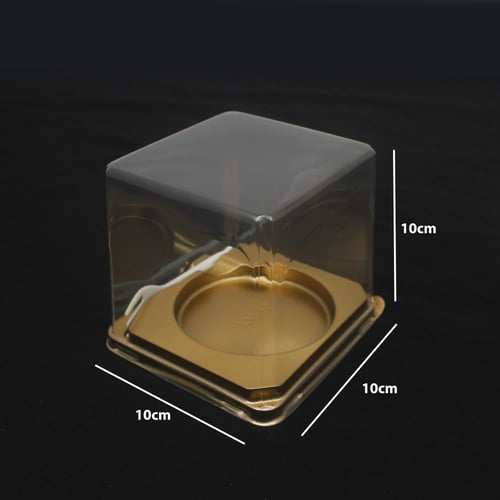 علب كيك بلاستيك بقاعدة ذهبية مزودة بشوكة