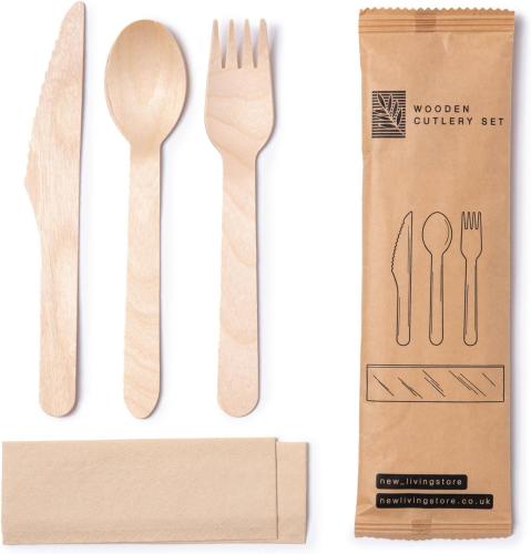 طقم أدوات مائدة خشبية سكين، ملعقة، وشوكة و منديل