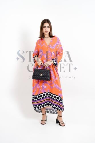 فستان ملمس قطني اورنج و تموجات بالموف طويل 2025