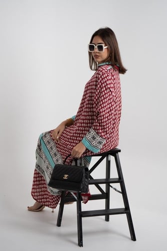 فستان ملمس قطني بالون العودي و النقش الابيض طويل 2...