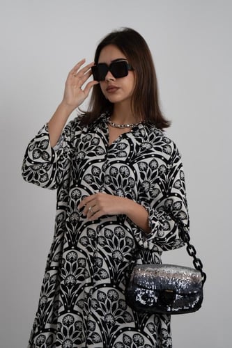 فستان ملمس قطني الابيض و الاسود طويل 2025