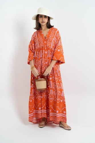 فستان ملمس قطني بالون البرتقاليي طويل 2025