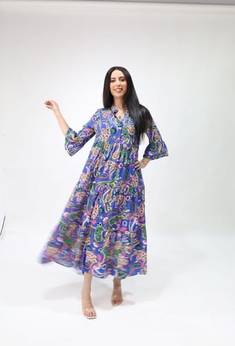 فستان ملمس قطني ناعم - " ازرق و اخضر " تركي .