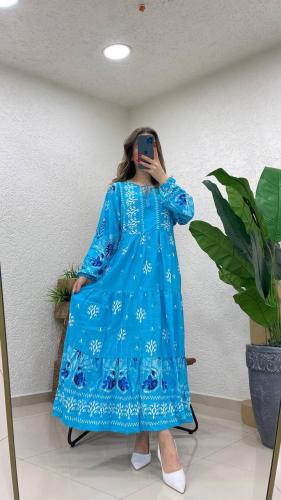 فستان ملمس قطني ناعم - " سماوي " .