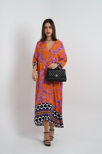 فستان ملمس قطني اورنج و تموجات بالموف طويل 2025